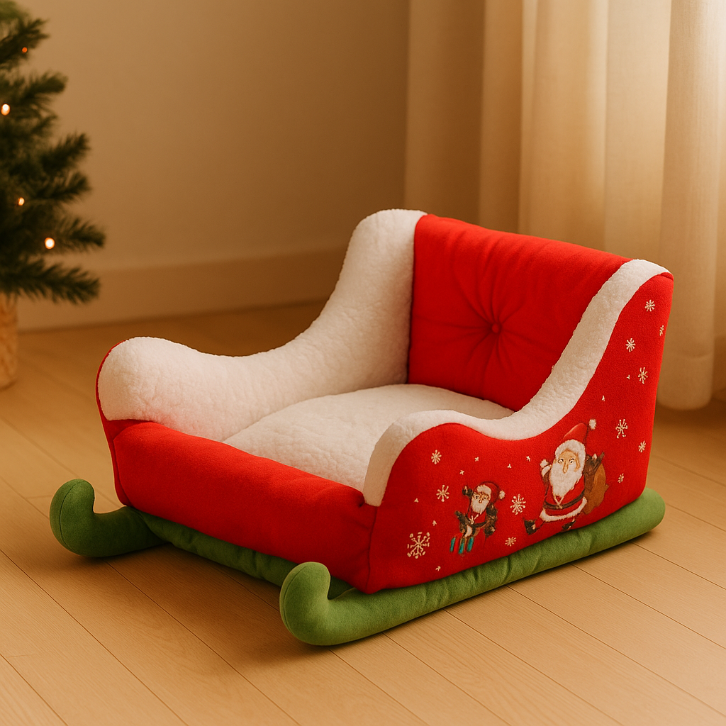 Lit traîneau de Noël douillet pour Animaux - maison festive pour chien & chat