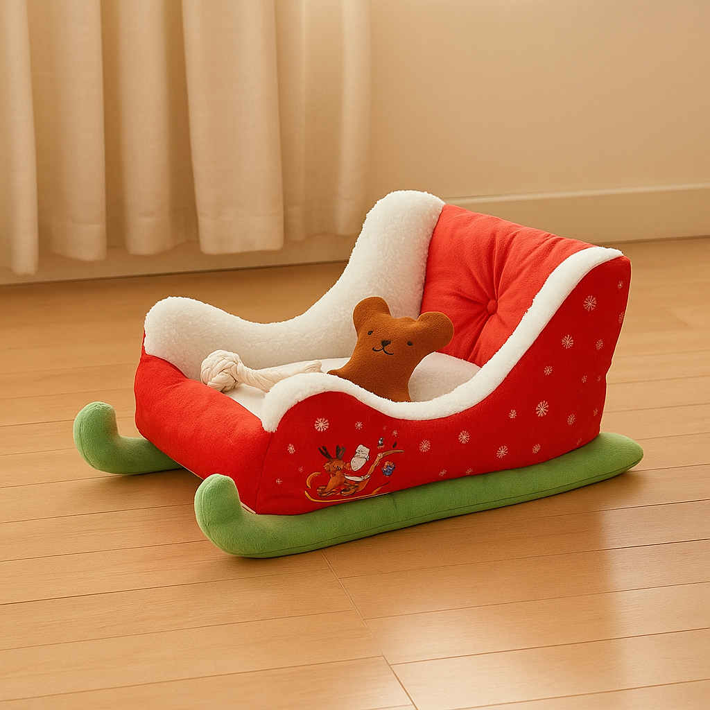 Lit traîneau de Noël douillet pour Animaux - maison festive pour chien & chat